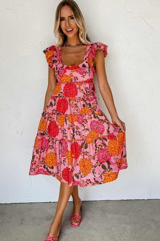 Pink Floral Ruffled Flutter Square Neck Tiered Dress Dresses JT's Designer Fashion