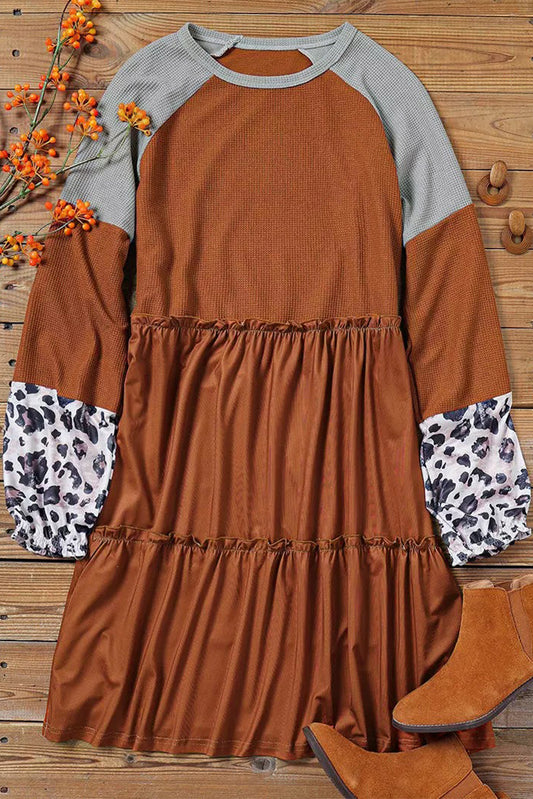 Brown Waffle Knit Leopard Patchwork Long Sleeve Dress Mini Dresses JT's Designer Fashion