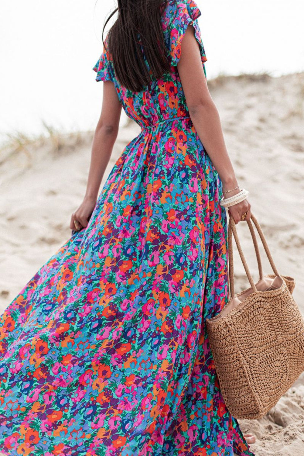 Blue V-neck ruffled floral split dress Dresses JT's Designer Fashion