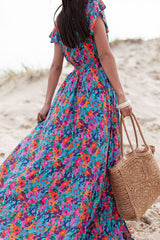 Blue V-neck ruffled floral split dress Dresses JT's Designer Fashion