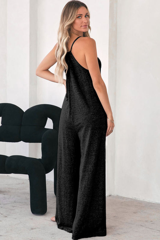 Black Loose Fit Side Pockets Spaghetti Strap Wide Leg Jumpsuit Jumpsuits & Rompers JT's Designer Fashion