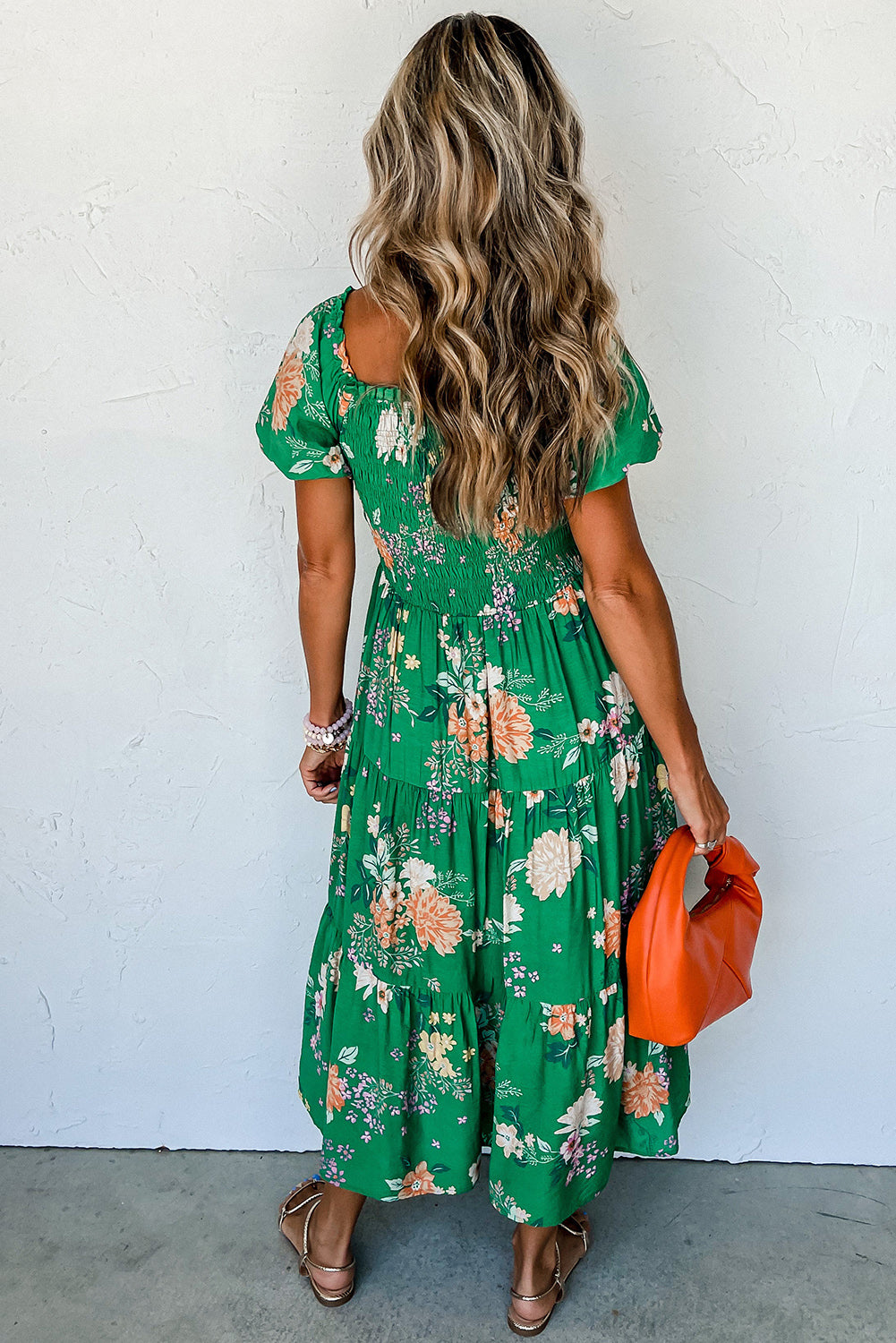 Green Floral Bubble Sleeve Smocked Tiered Long Dress Dresses JT's Designer Fashion