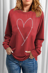 Fiery Red Rhinestone Heart Shaped Long Sleeve Sweatshirt Graphic Sweatshirts JT's Designer Fashion