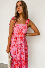 Pink Tie Shoulder Straps Floral Ruffle Tiered Dress Dresses JT's Designer Fashion
