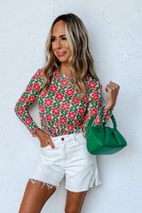 Red Retro Floral Mesh Long Sleeve Top Bottoms JT's Designer Fashion