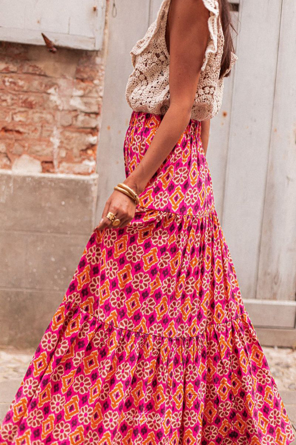 Rose Geometric Floral Print Tiered Maxi Skirt Bottoms JT's Designer Fashion