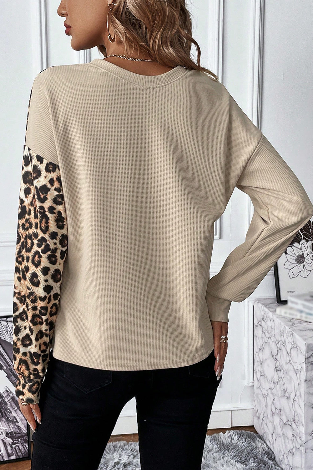 Pale Khaki Leopard Colorblock Waffle Knit Top Sweatshirts & Hoodies JT's Designer Fashion