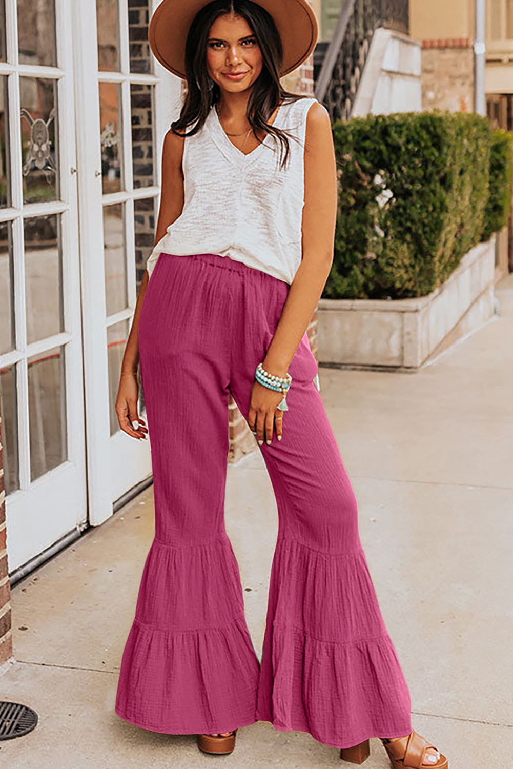 Rose Green Textured High Waist Ruffled Bell Bottom Pants Bottoms JT's Designer Fashion