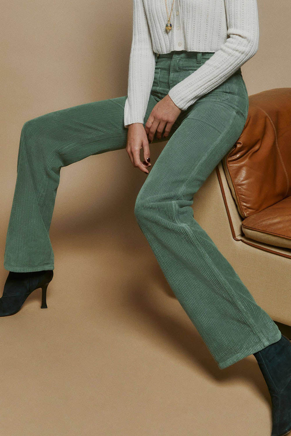 Green Square Pockets Flare Leg Corduroy Pants Bottoms JT's Designer Fashion