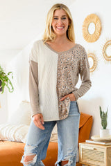 Gray Plus Size Leopard Patchwork Mix Knit Long Sleeve Top Plus Size JT's Designer Fashion