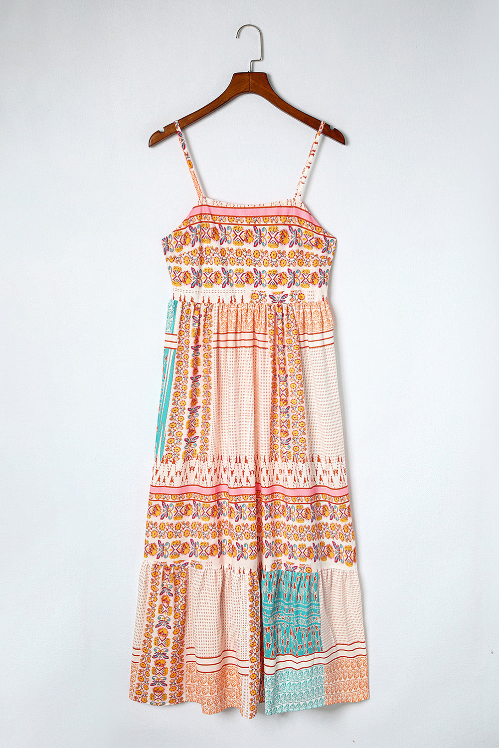 Multicolor Boho Patchwork Print Square Neck Sundress Maxi Dresses JT's Designer Fashion