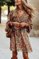Brown Geometric Print Long Sleeve Surplice Flowy Dress Dresses JT's Designer Fashion