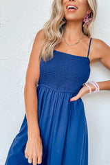 Navy Blue Spaghetti Straps Smocked Ruffled Wide Leg Jumpsuit Bottoms JT's Designer Fashion
