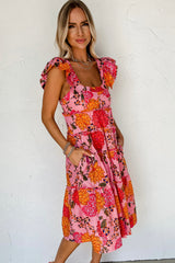 Pink Floral Ruffled Flutter Square Neck Tiered Dress Dresses JT's Designer Fashion
