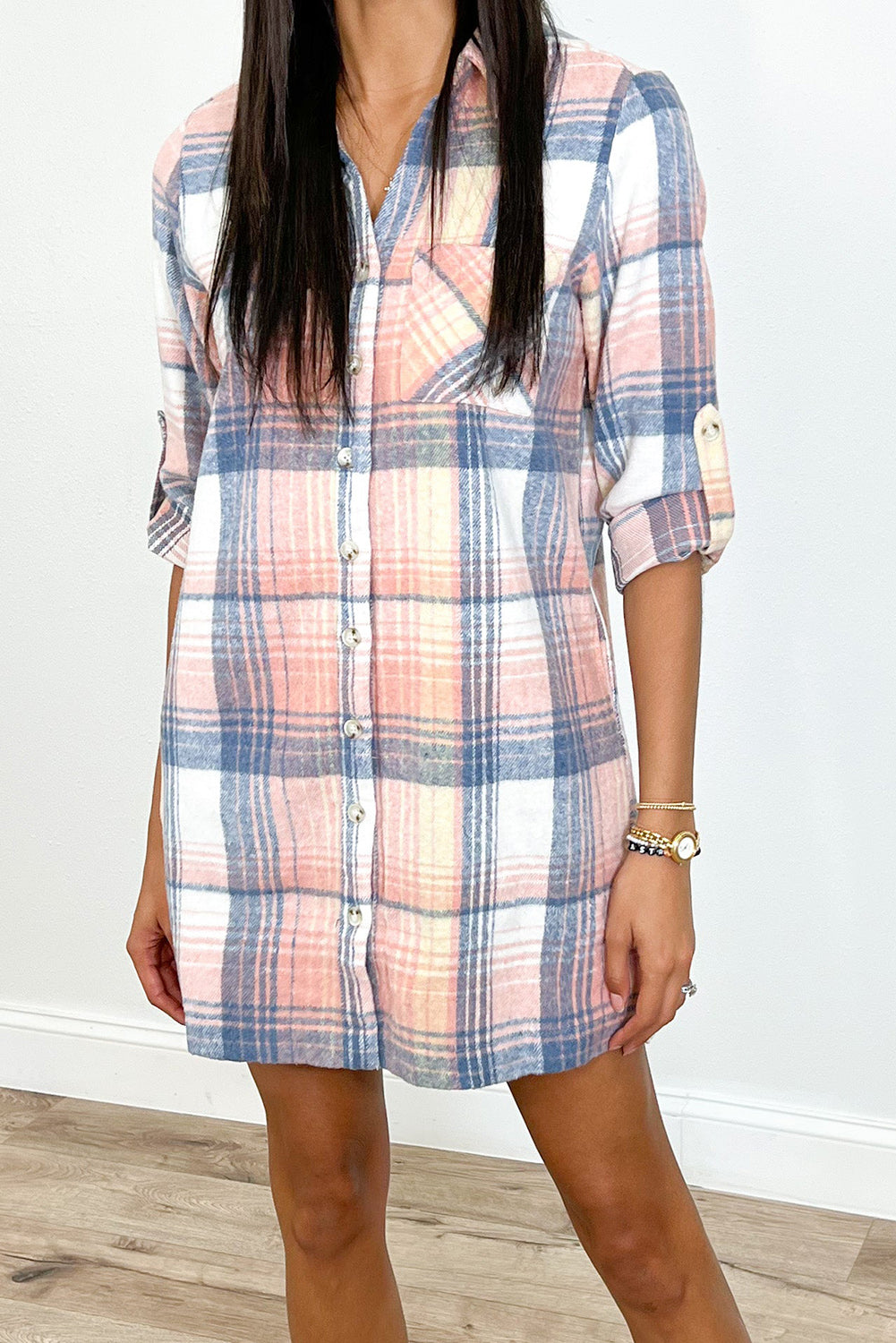 Pink Plaid Roll-tab Sleeve Side Slit Shirt Dress Dresses JT's Designer Fashion