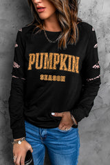 Black Leopard PUMPKIN SEASON Graphic Ripped Sleeve Sweatshirt Graphic Sweatshirts JT's Designer Fashion