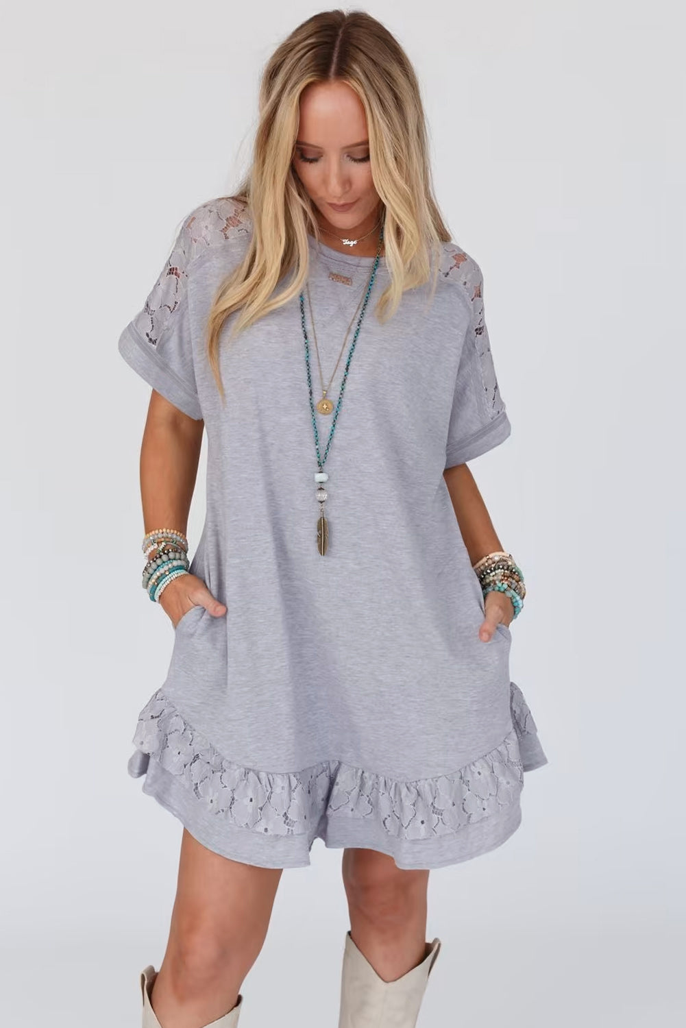 Light Grey Lace Floral Patchwork Ruffled Short Sleeve Mini Dress Mini Dresses JT's Designer Fashion