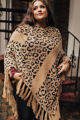 Leopard Plus Size Tasseled Hem Draped Poncho Plus Size JT's Designer Fashion