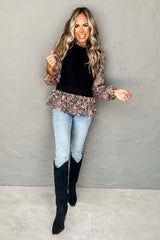 Black Cable Knit Contrast Floral Sleeve Peplum Sweater Sweaters & Cardigans JT's Designer Fashion