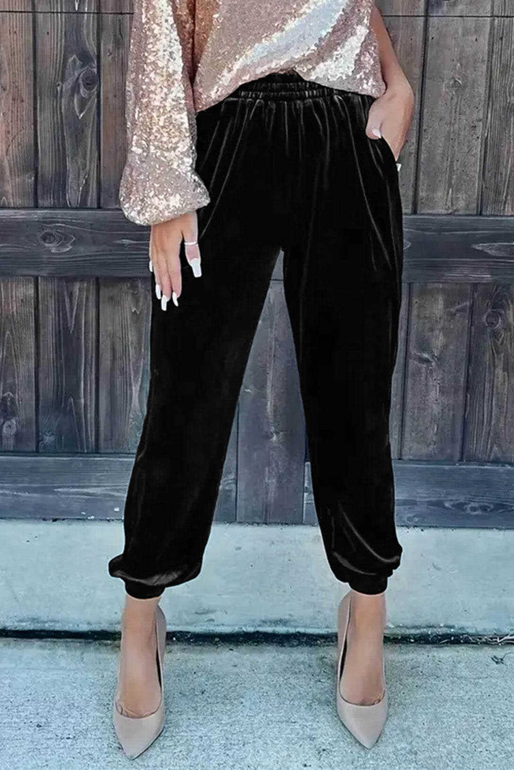 Black Green Solid Velvet Jogger Pants Bottoms JT's Designer Fashion