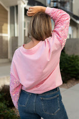 Pink Plus Size Sequin Sleeve Drop Shoulder Sweatshirt Plus Size JT's Designer Fashion