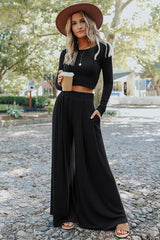 Black Solid Color Ribbed Crop Top Long Pants Set Bottoms JT's Designer Fashion