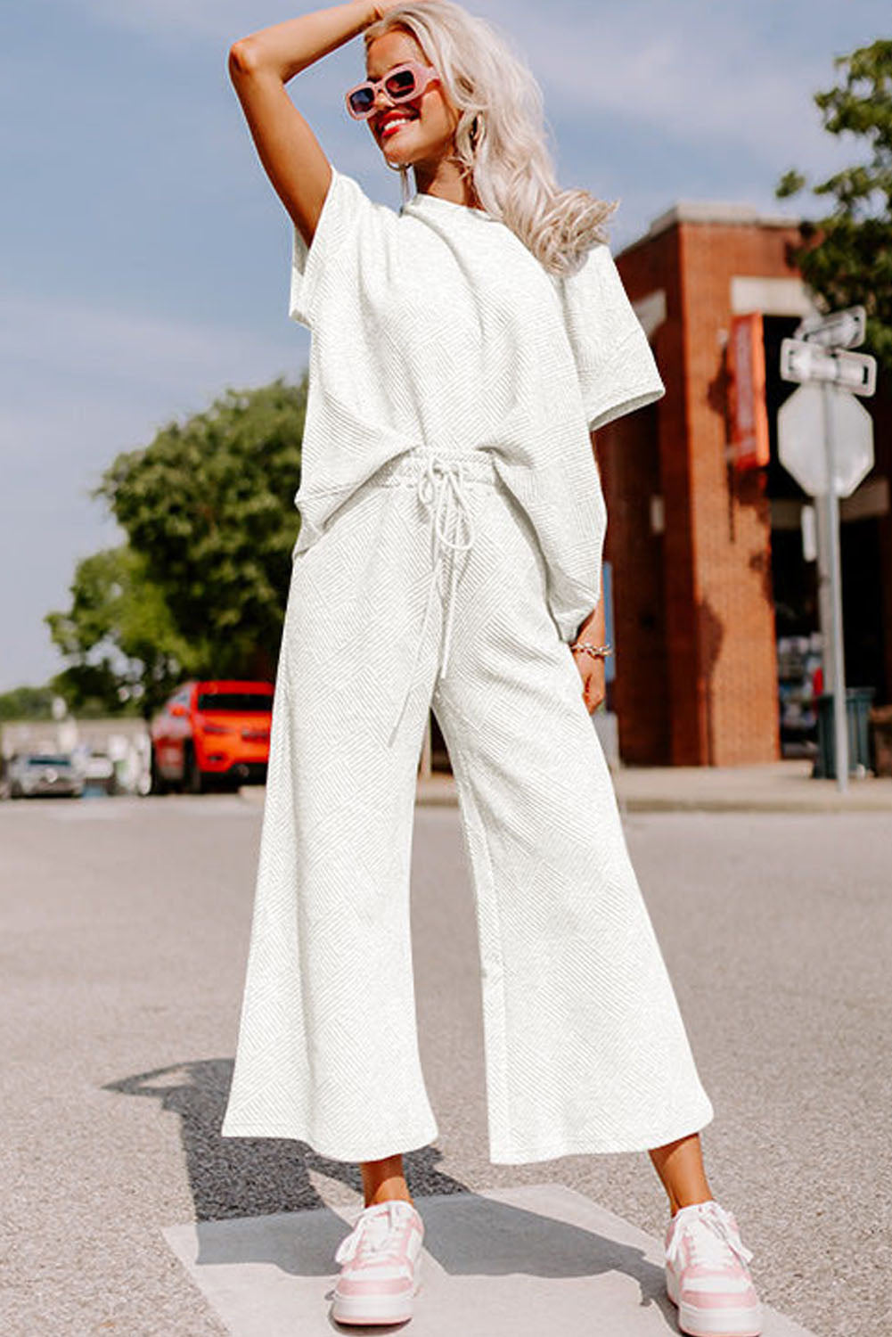 Bright White Gray Textured Loose Fit T Shirt and Drawstring Pants Set Bottoms JT's Designer Fashion