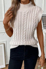 Oatmeal Ribbed Trim High Neck Cable Knit Sweater Vest Sweaters & Cardigans JT's Designer Fashion