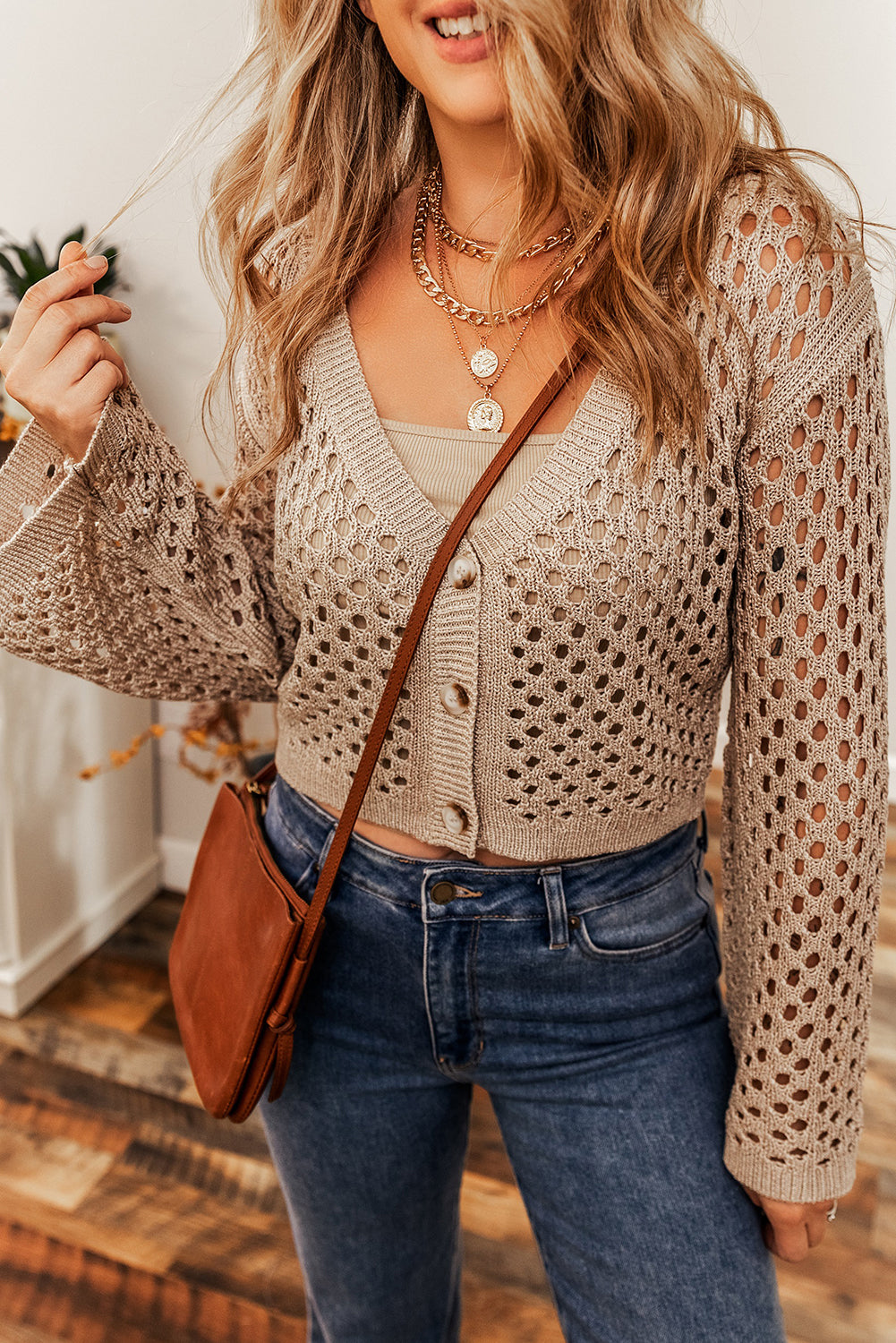 Smoke Gray Pointelle Knit V Neck Button Up Crop Cardigan Sweaters & Cardigans JT's Designer Fashion