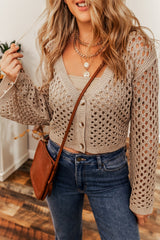 Smoke Gray Pointelle Knit V Neck Button Up Crop Cardigan Sweaters & Cardigans JT's Designer Fashion
