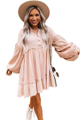 Oatmeal Crinkle Distressed Puff Sleeve Flared Dress Dresses JT's Designer Fashion