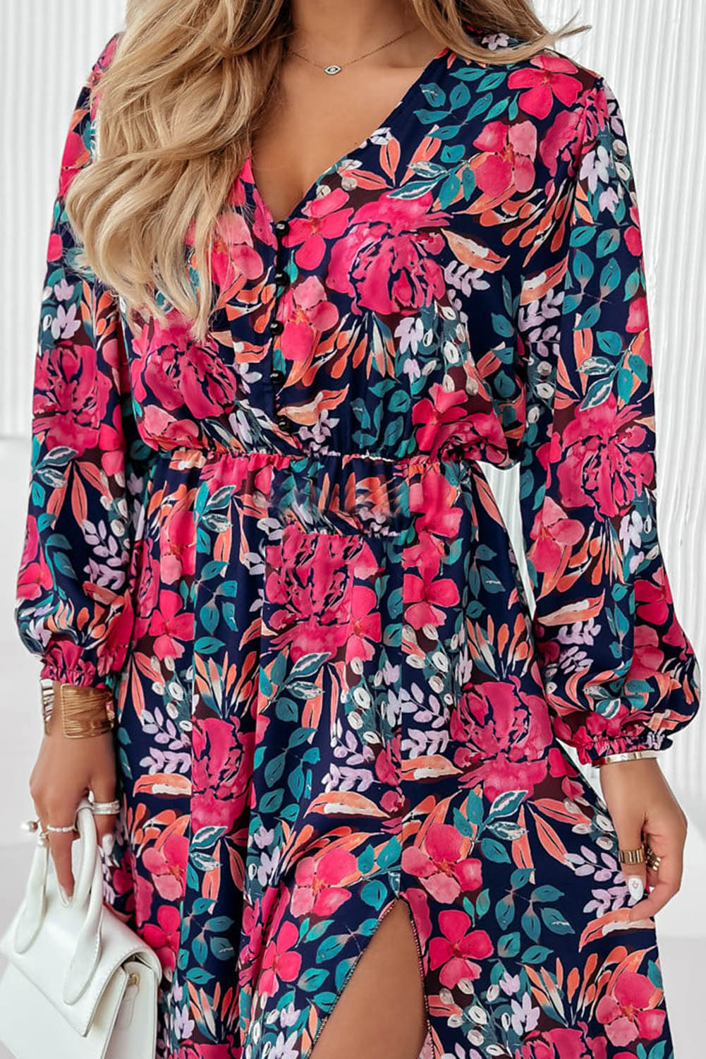 Red V Neck Elastic High Waist Split Floral Dress Dresses JT's Designer Fashion