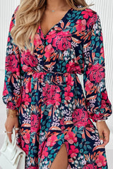 Red V Neck Elastic High Waist Split Floral Dress Dresses JT's Designer Fashion