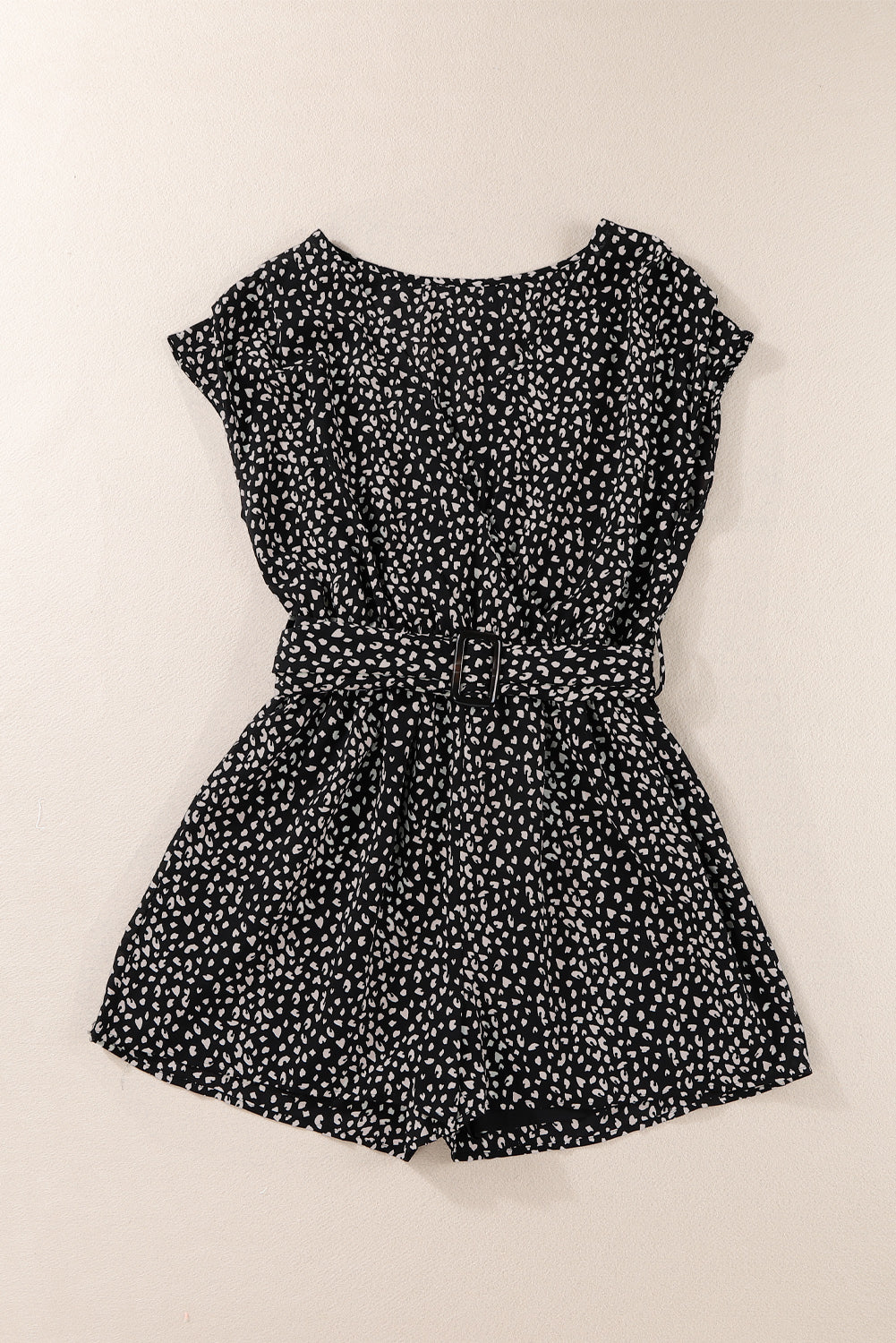 Black Leopard Print Belted V Neck Short Sleeve Romper Jumpsuits & Rompers JT's Designer Fashion