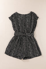Black Leopard Print Belted V Neck Short Sleeve Romper Jumpsuits & Rompers JT's Designer Fashion