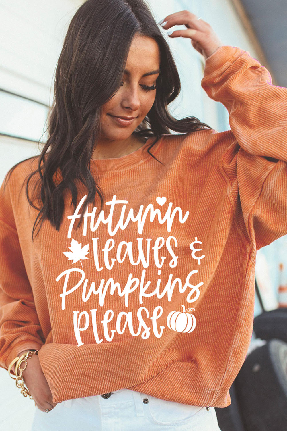 Orange Autumn Leaves Pumpkins Please Ribbed Oversized Sweatshirt Graphic Sweatshirts JT's Designer Fashion