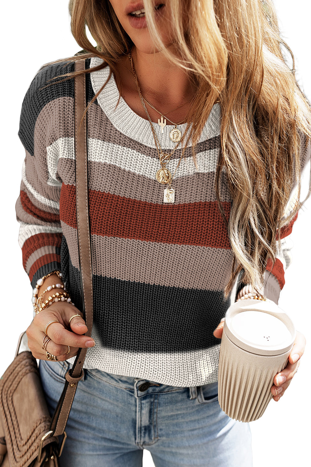Simply Taupe Ribbed Round Neck Color Block Knitted Sweater Sweaters & Cardigans JT's Designer Fashion