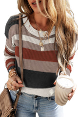 Simply Taupe Ribbed Round Neck Color Block Knitted Sweater Sweaters & Cardigans JT's Designer Fashion
