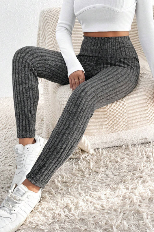 Dark Grey Wide Waistband Ribbed Textured Knit Leggings Bottoms JT's Designer Fashion