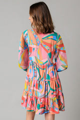 Multicolor Geometric Print Split Neck Ruffle Tiered Mini Dress Dresses JT's Designer Fashion