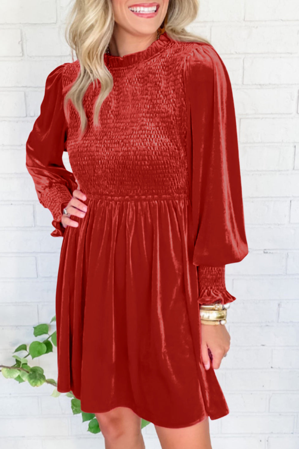 Clay Red Frilled Neck Smocked Bodice Velvet Dress Dresses JT's Designer Fashion