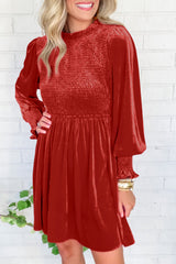 Clay Red Frilled Neck Smocked Bodice Velvet Dress Dresses JT's Designer Fashion