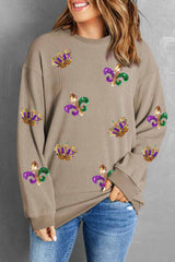 Khaki Mardi Gras Sequin Crown Fleur De Lis Corded Sweatshirt Graphic Sweatshirts JT's Designer Fashion
