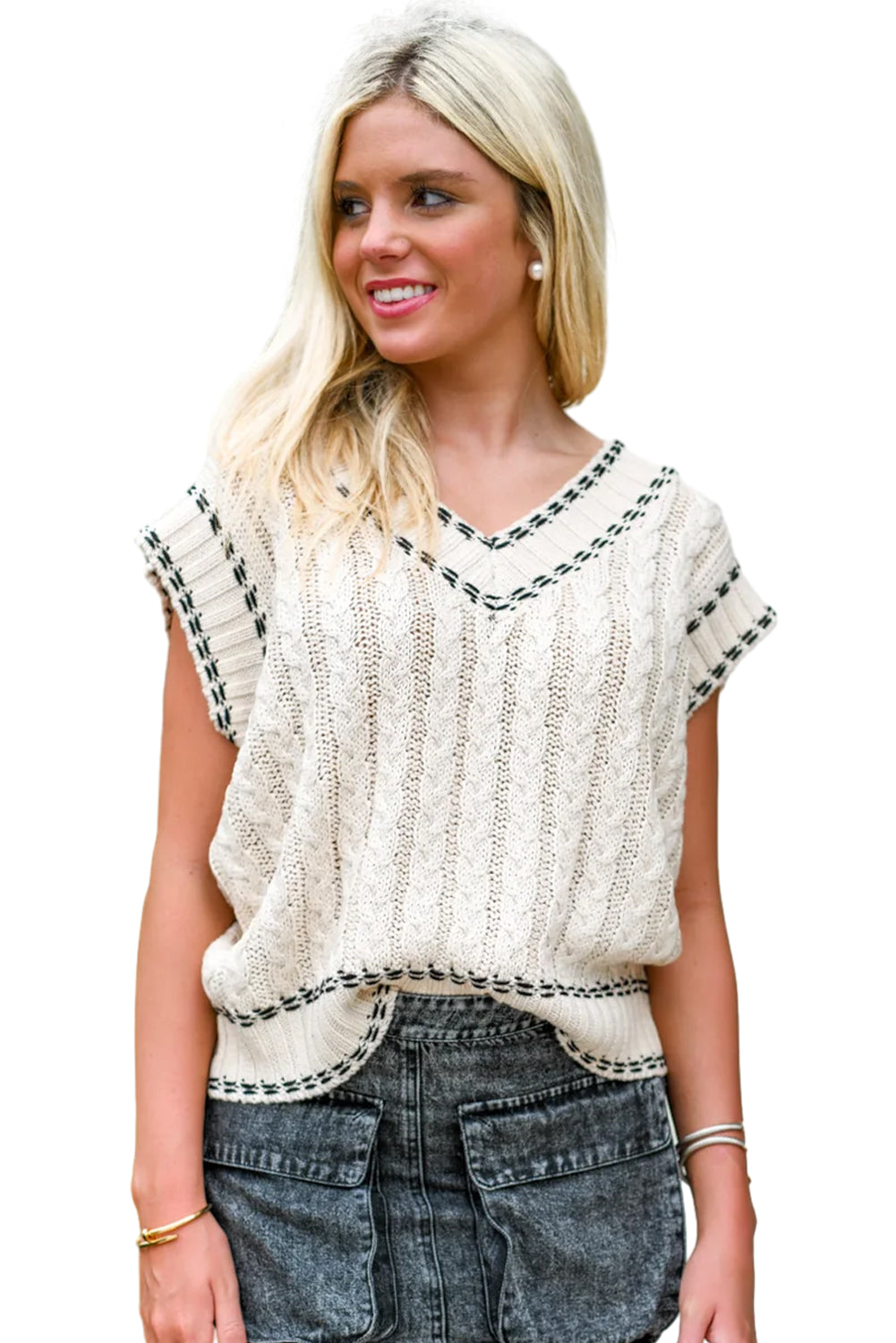 White Contrast Trim V Neck Cable Knit Sweater Vest Sweaters & Cardigans JT's Designer Fashion
