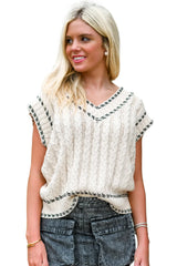 White Contrast Trim V Neck Cable Knit Sweater Vest Sweaters & Cardigans JT's Designer Fashion