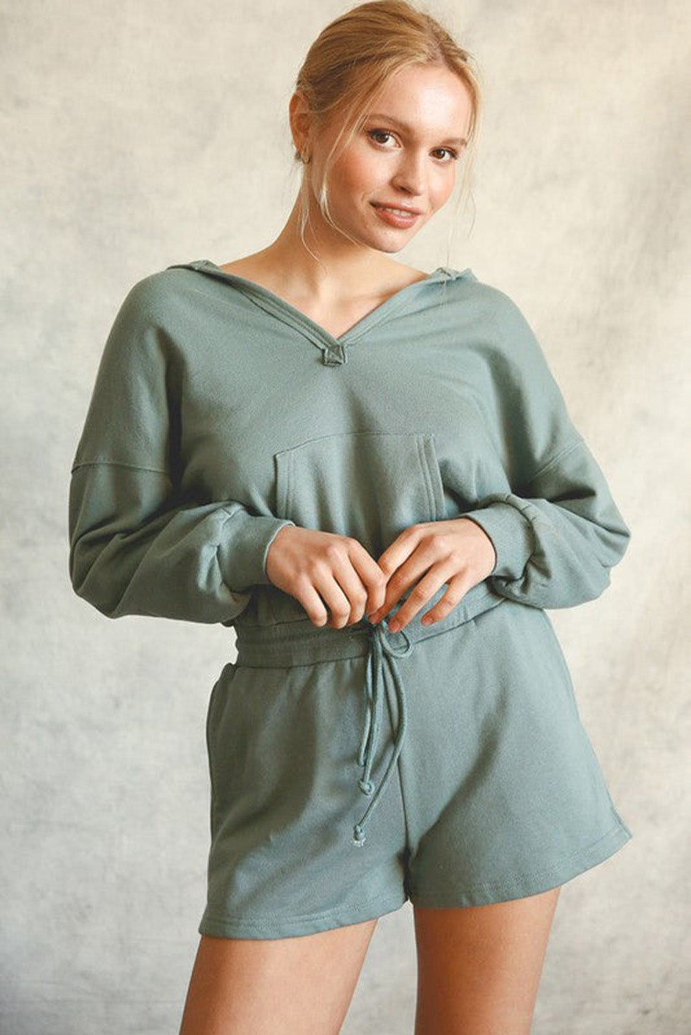 Blue Solid Hooded Sweatsuit Style Romper Bottoms JT's Designer Fashion