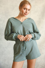 Blue Solid Hooded Sweatsuit Style Romper Bottoms JT's Designer Fashion