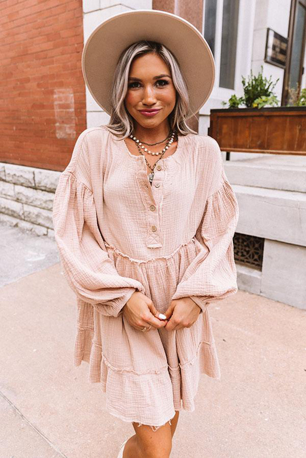 Oatmeal Crinkle Distressed Puff Sleeve Flared Dress Dresses JT's Designer Fashion