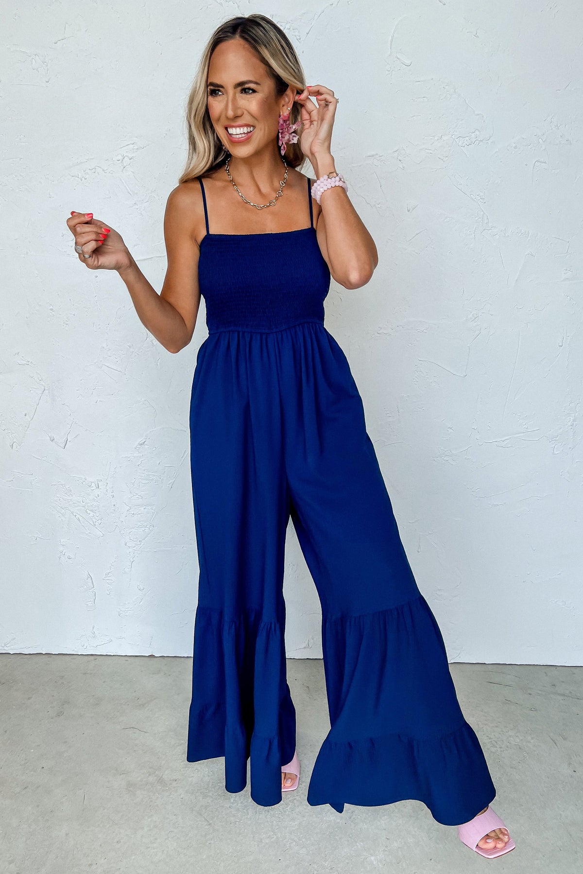 Navy Blue Spaghetti Straps Smocked Ruffled Wide Leg Jumpsuit Bottoms JT's Designer Fashion