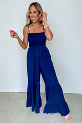 Navy Blue Spaghetti Straps Smocked Ruffled Wide Leg Jumpsuit Bottoms JT's Designer Fashion